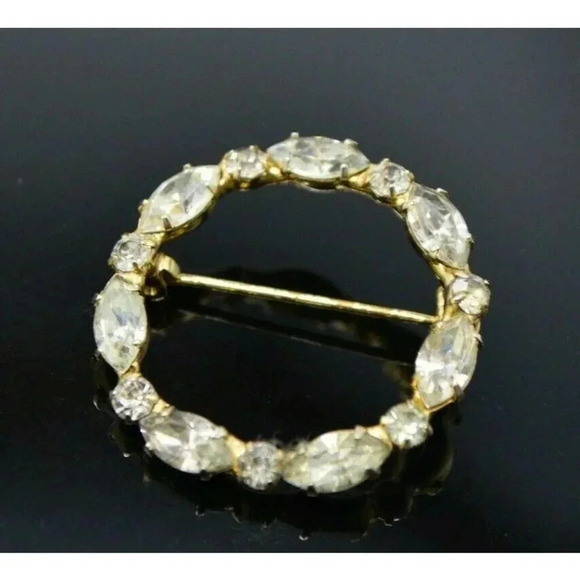 Clear Glass Rhinestone Dainty Gold Tone Wreath Cir - Picture 2 of 4